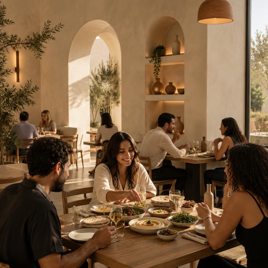 Restaurant table with hummus and pita
